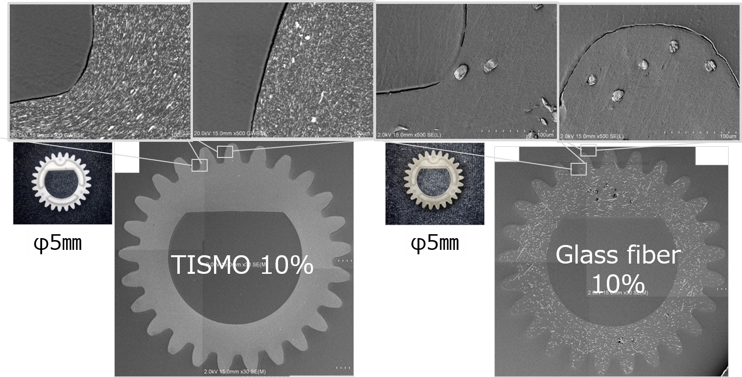 TISMO dispersion and orientation good at tooth tip/tooth base, GF image with poor dispersion